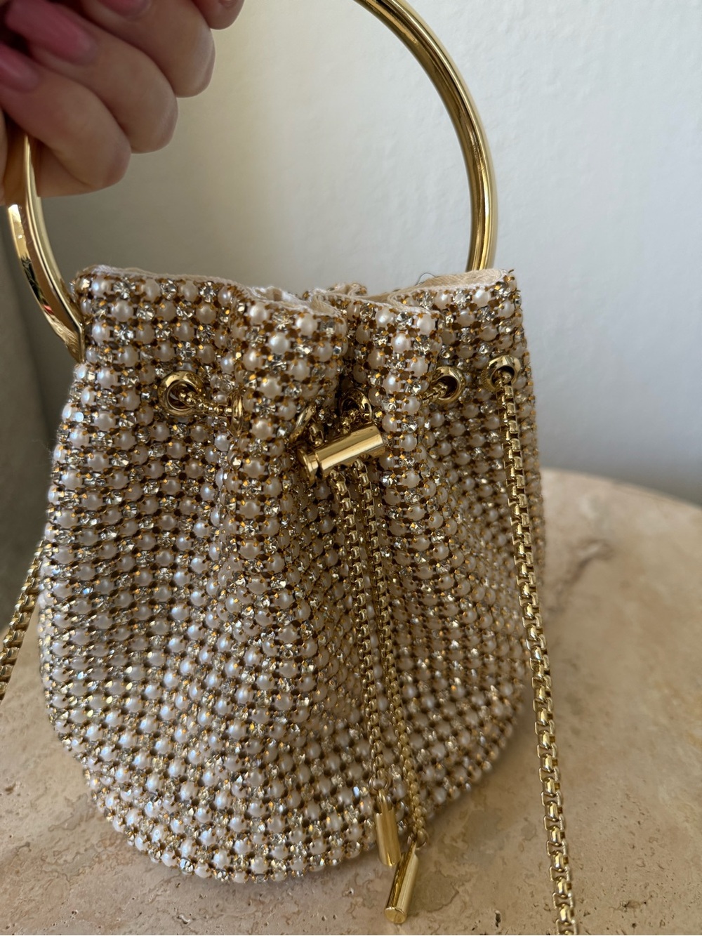 Madison West Pearl Rhinestone Bucket Bag Gold Handle Wedding Evening Bag - Picture 5 of 10